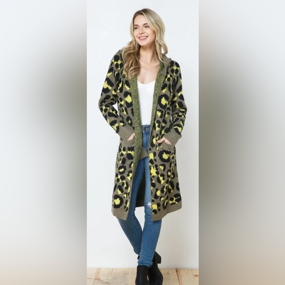 Cozy Casual Cheetah Print Duster Cardigan Sweater w/ Hood, Grn/Blk, Sz 2X-3X - Picture 2 of 12